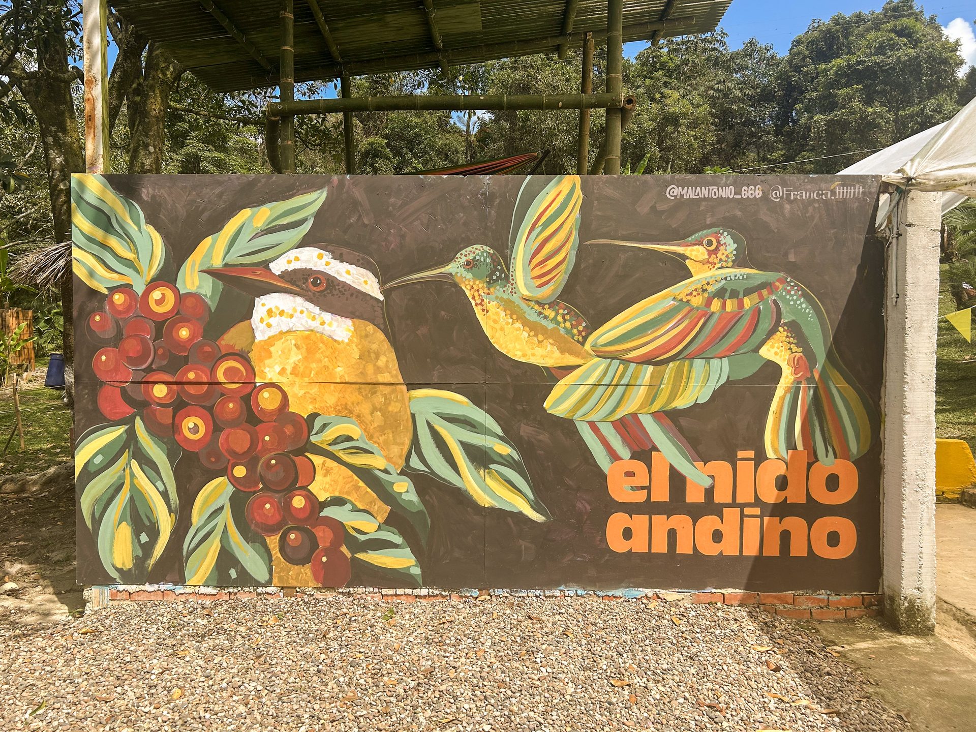Mural de colibríes y café de El Nido Andino en La Mesa, Cundinamarca